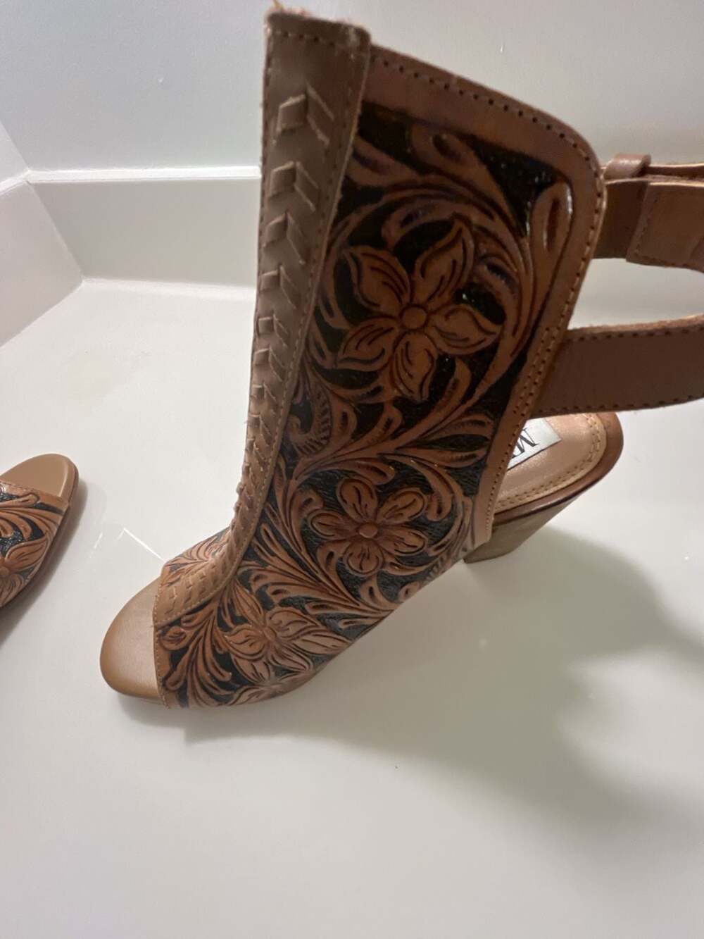 Myra Bag Dodge Town Hand-Tooled Leather Open Toe Heels - Picture 12 of 15